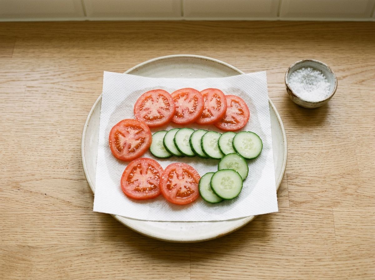 Tomato and cucumber slices laid out on a paper towel and salted to draw out their water