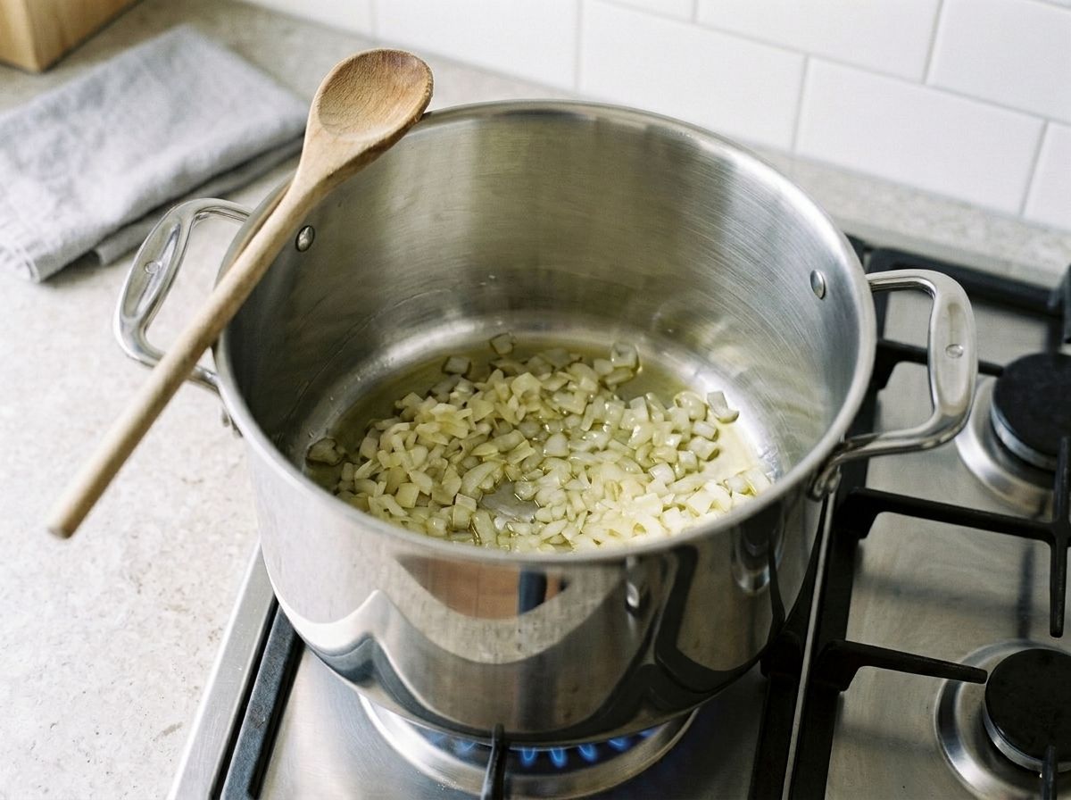 Finely chopped onion sweating in olive oil in a large steel pot, soft and translucent with no browning