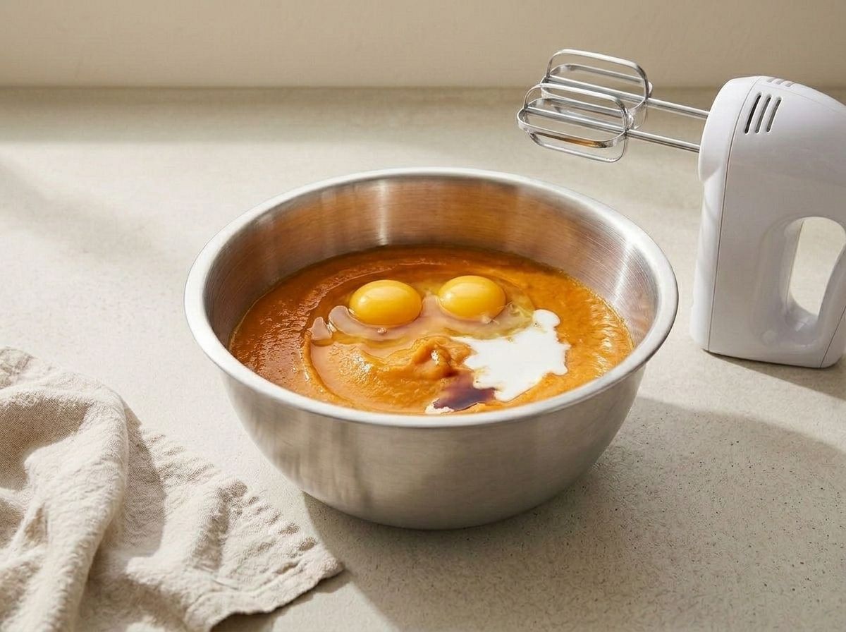 Milk, vanilla and two raw eggs added to the cooled sweet potato mash, ready to beat in