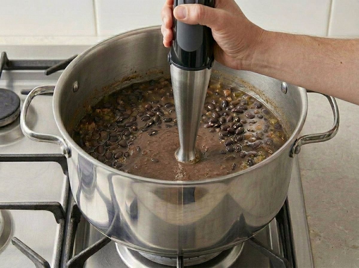 An immersion blender part-blending the soup off the heat, with plenty of whole beans left in