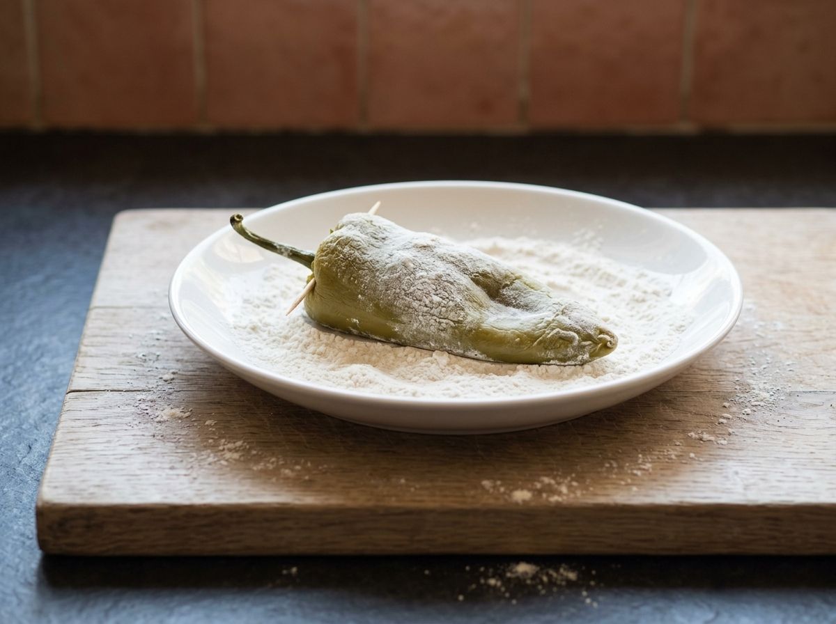 A stuffed poblano rolled in a plate of flour, its surface matte with a fine dusting
