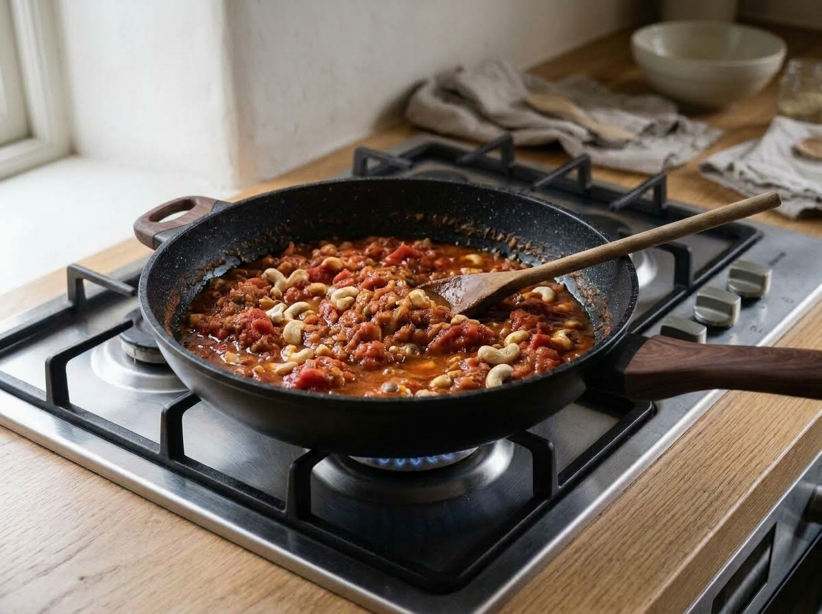 Crushed tomatoes and cashews simmering down in the skillet until beads of oil gather at the edge.