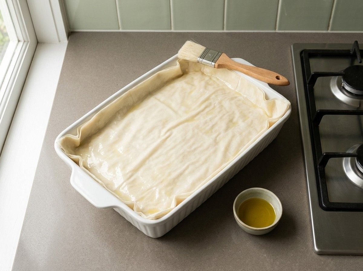 The pie covered with oiled sheets of phyllo, edges tucked in, a pastry brush resting on the dish