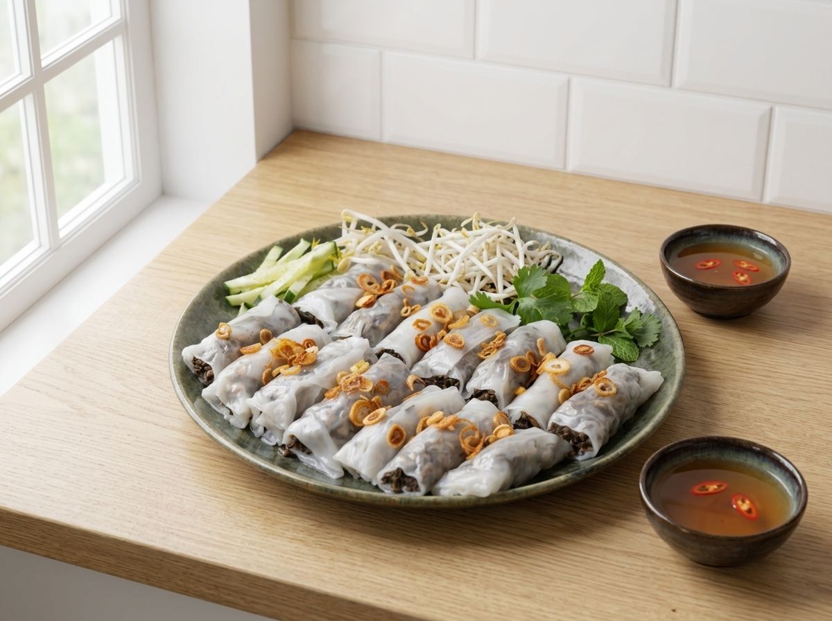 A plate of vegetarian banh cuon scattered with fried shallots, with cucumber, bean sprouts, herbs and bowls of dipping sauce