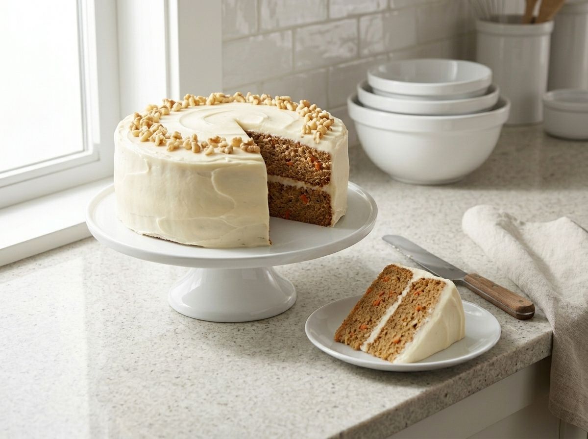 The finished two-layer vegan carrot cake with cream cheese frosting and a slice cut