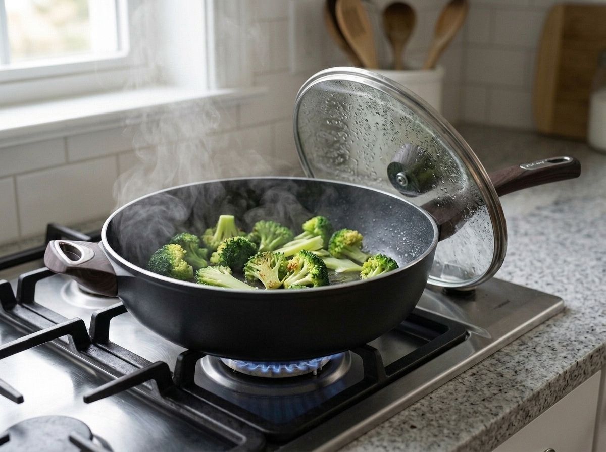 Broccoli steam-frying in the skillet with the glass lid propped against the pan