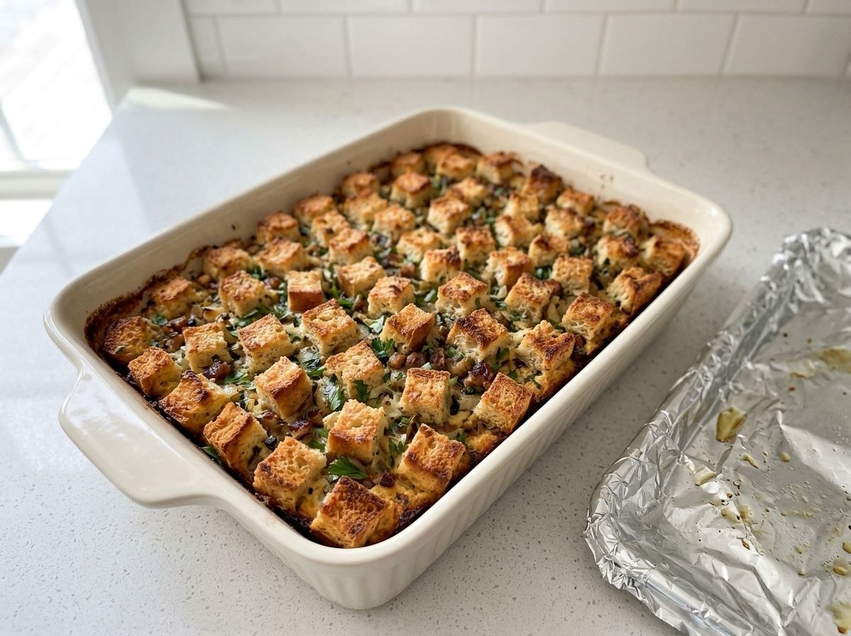 The foil removed and the stuffing baked until the top is deeply golden and crisp.