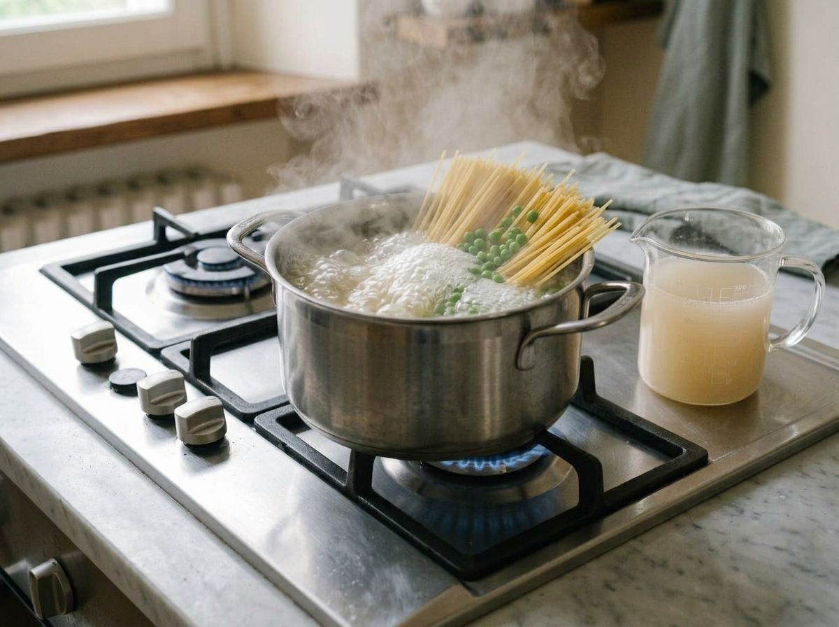 Spaghetti and green peas cooking in a pot of cloudy, starchy water, with a jug of reserved pasta water alongside