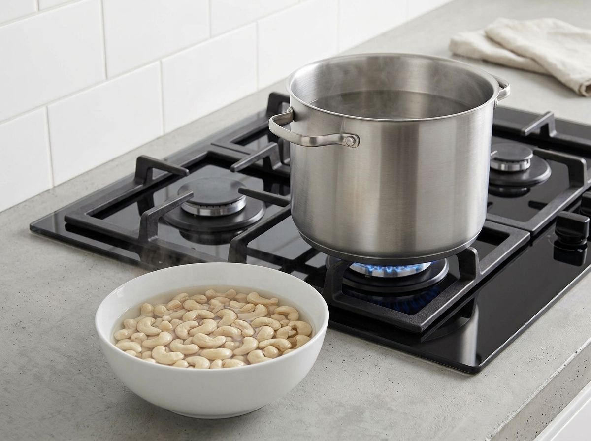 Raw cashews soaking under hot water in a white bowl while a stockpot of water heats on the hob behind