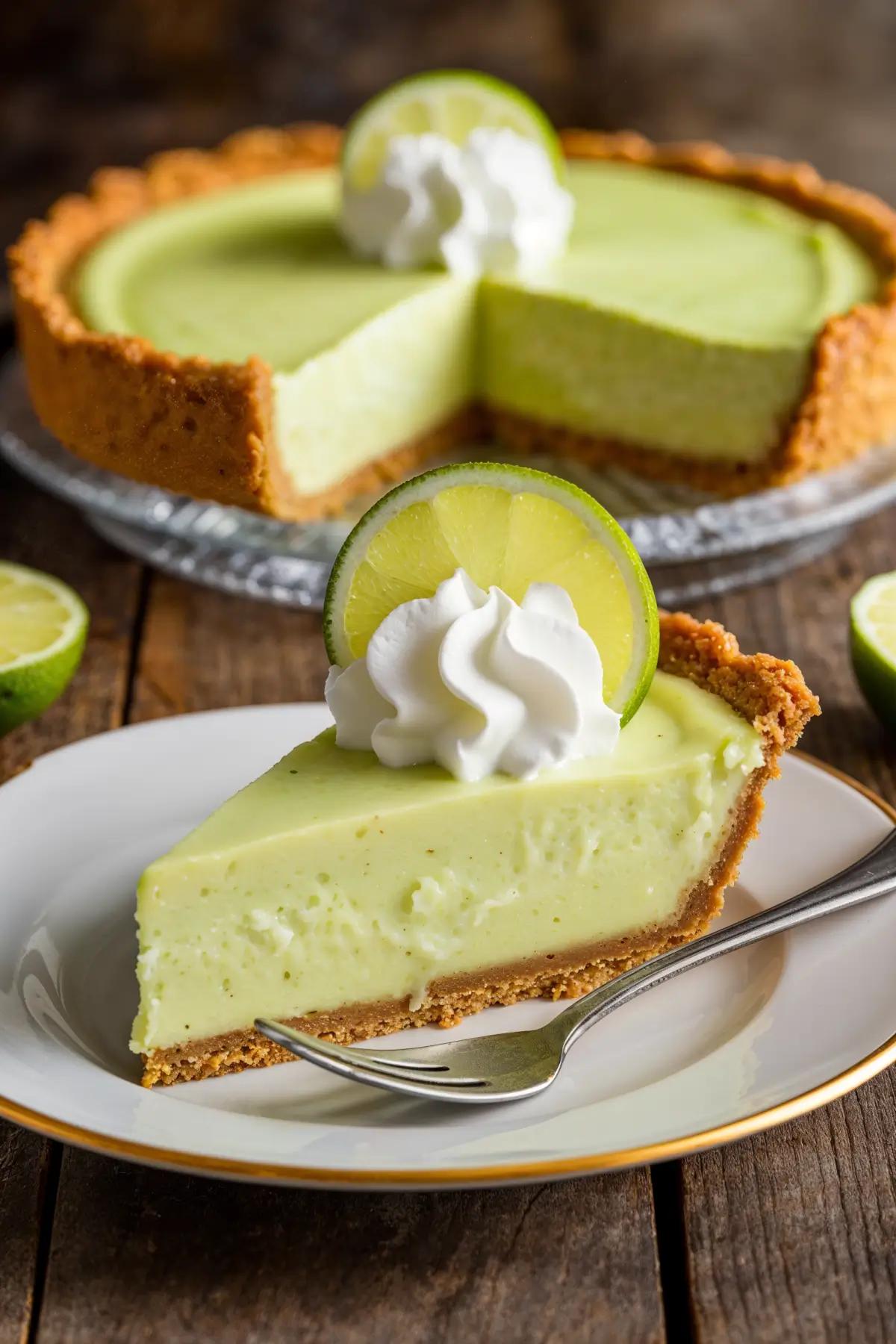 A slice of vegan key lime pie with creamy filling and graham cracker crust, garnished with lime and whipped cream.