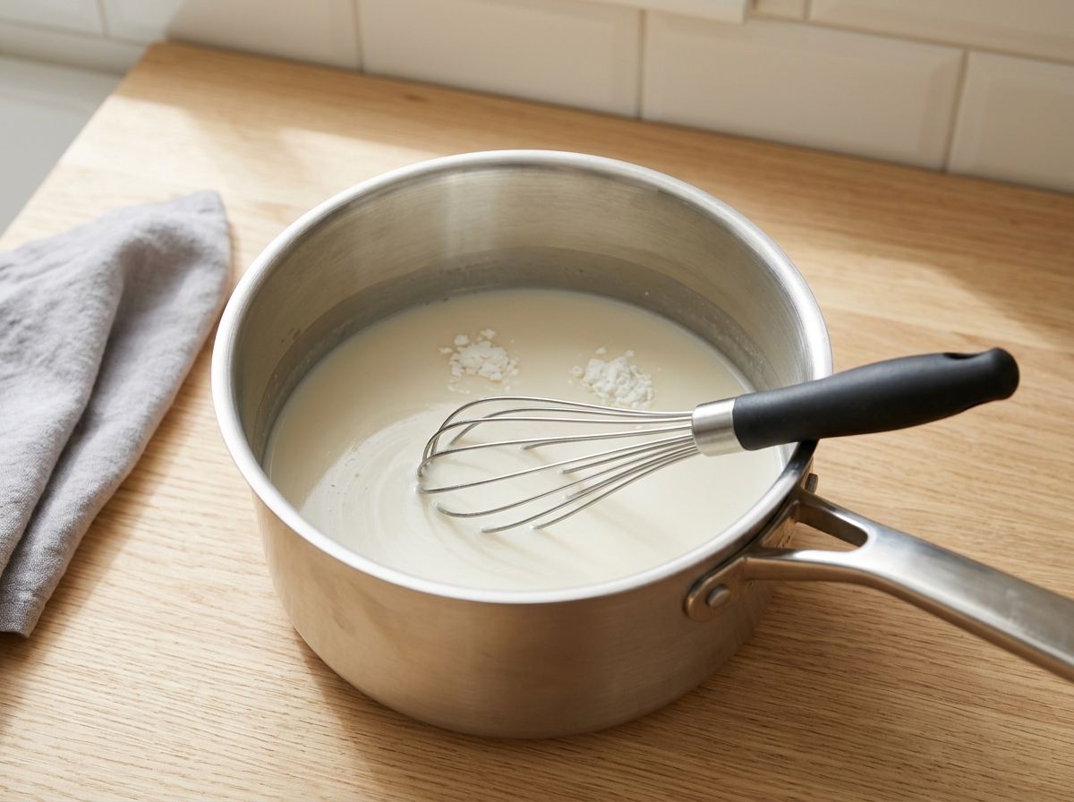 Whisking cornstarch and soy milk to a smooth cold slurry, a few dry patches still to work in