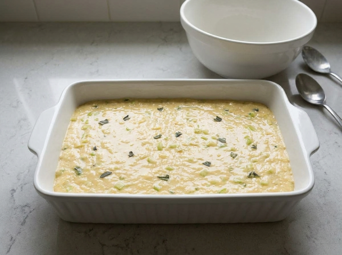 The wet dressing mixture poured into a 9x13 baking dish, its surface settling flat.
