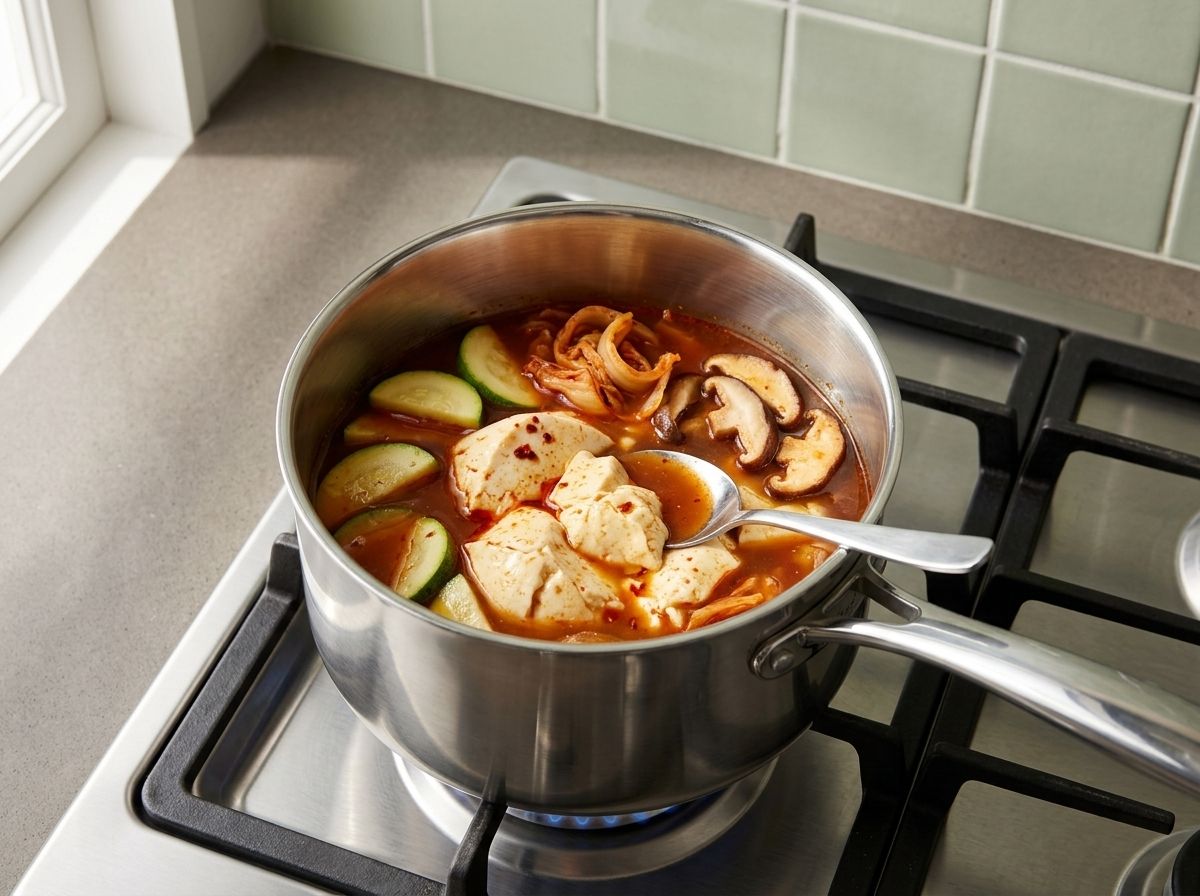 Large soft pieces of extra-soft tofu simmering in the red broth while broth is spooned over them