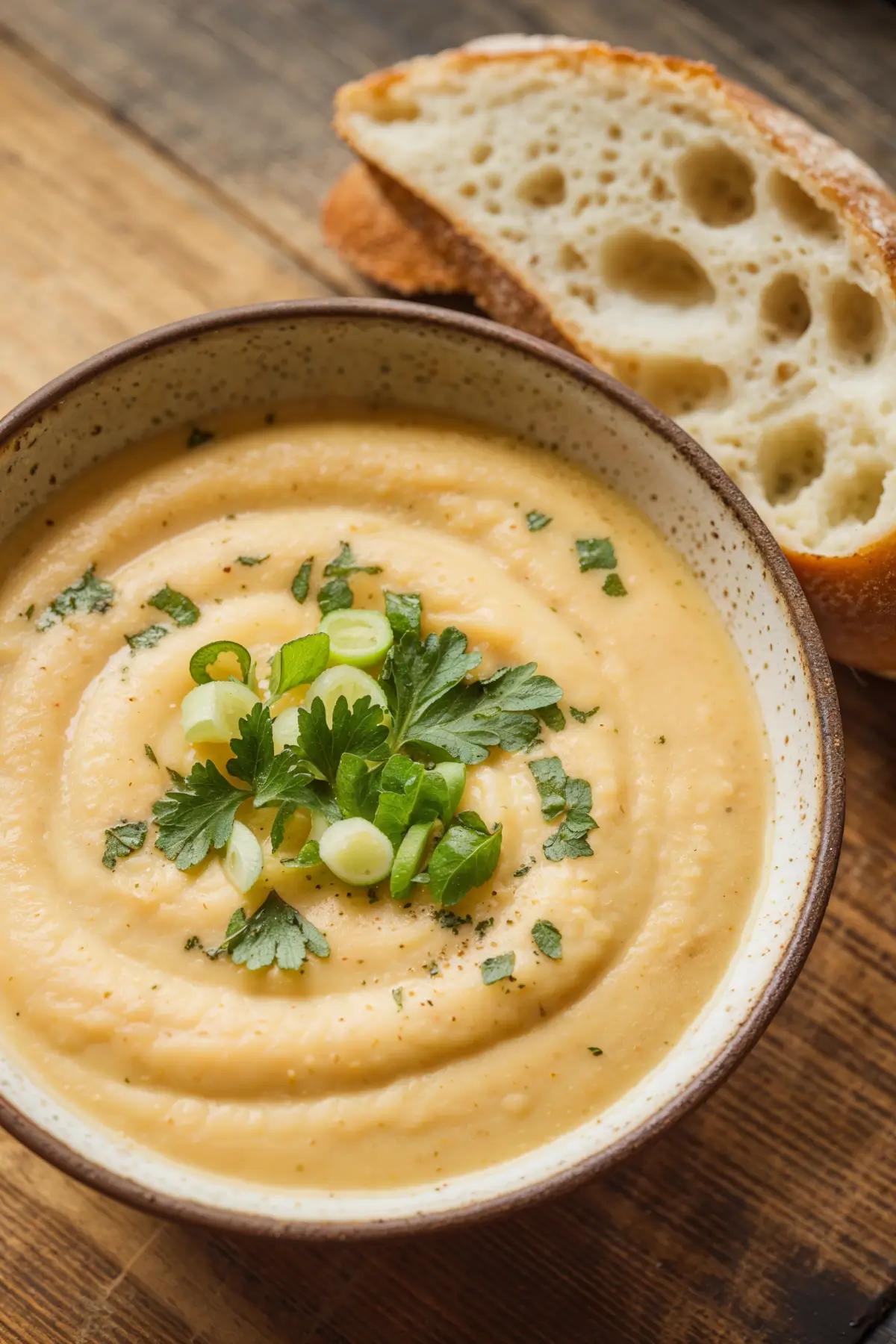 A bowl of creamy vegan potato soup garnished with green onions and parsley, with a slice of bread on the side.