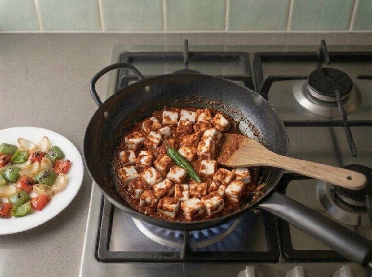 Paneer cubes tossed into the red masala in the wok