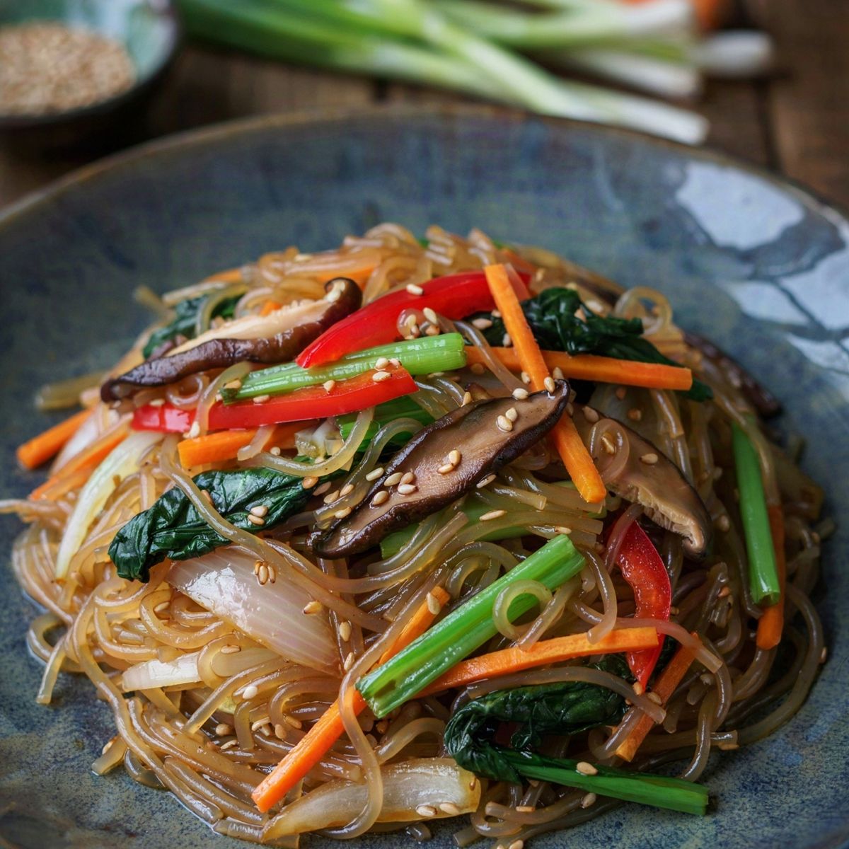 Vegan japchae piled on a dark blue-gray ceramic platter, glossy amber sweet potato glass noodles tangled with sliced seared shiitake, blanched spinach, carrot matchsticks, red bell pepper, onion and scallion, scattered with toasted sesame seeds.