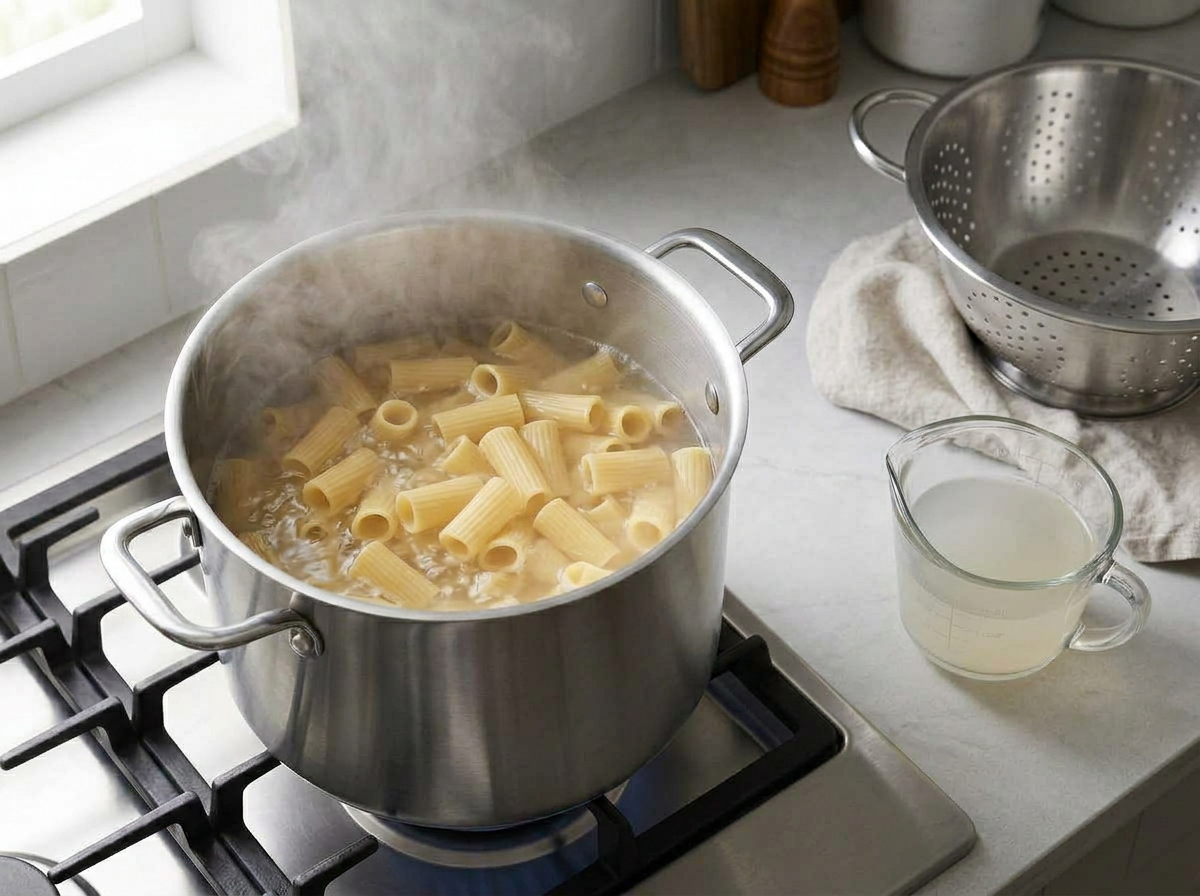 Rigatoni boiling in a stockpot, still firm, with a jug of reserved starchy pasta water beside it