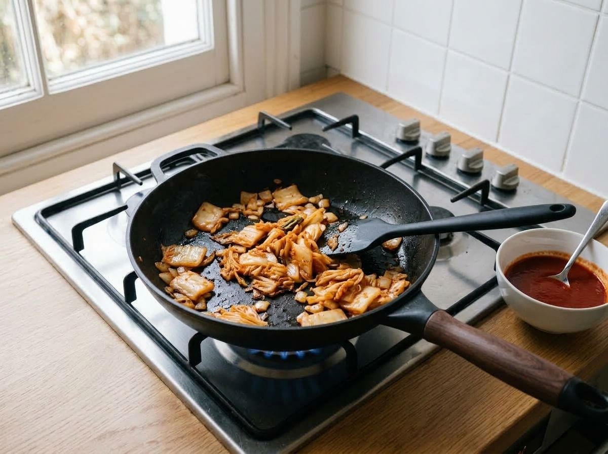 Chopped kimchi frying in the skillet until its liquid has cooked off and the edges are catching and darkening.