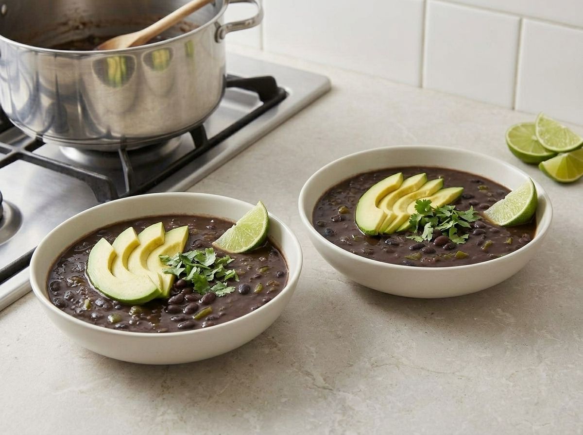 Two bowls of finished black bean soup topped with sliced avocado, chopped cilantro and a lime wedge