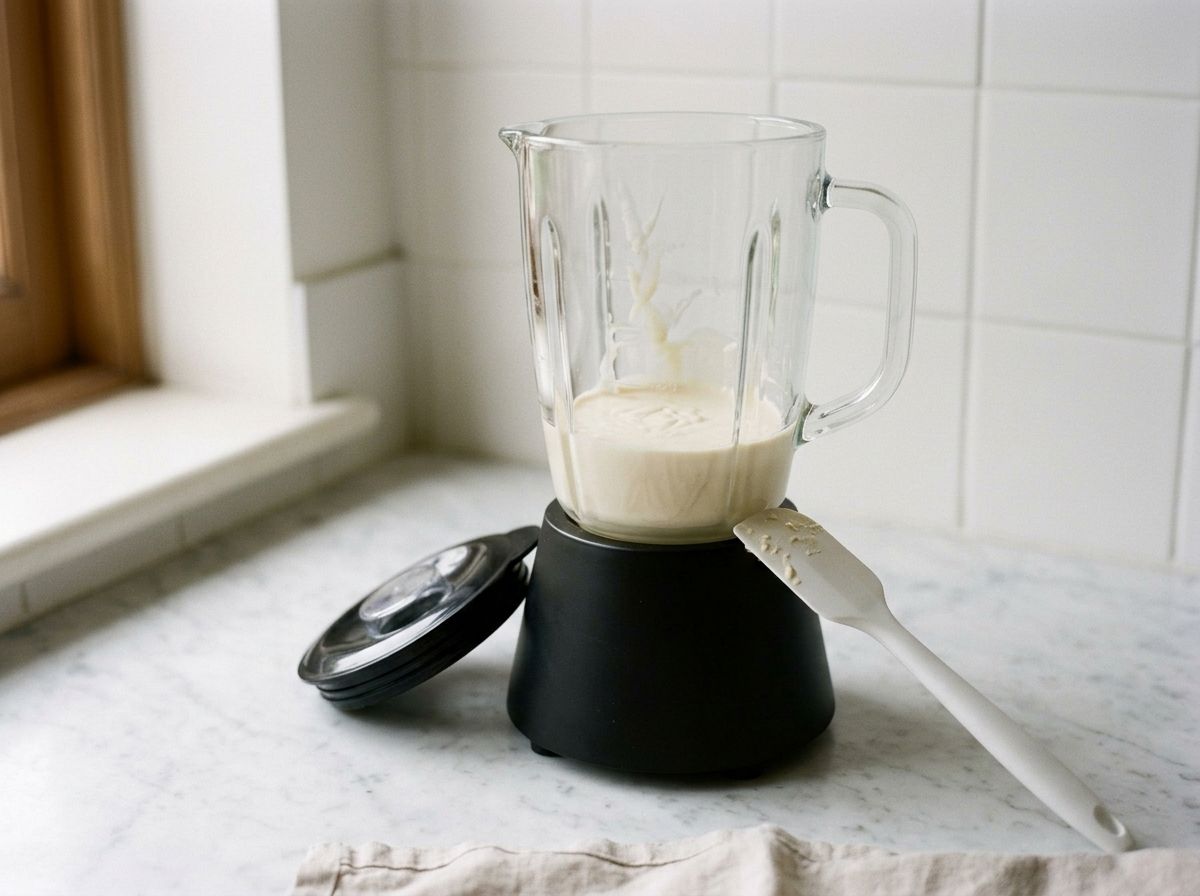 Silken tofu, sugar and vanilla blended to a smooth pale cream in a glass blender jug