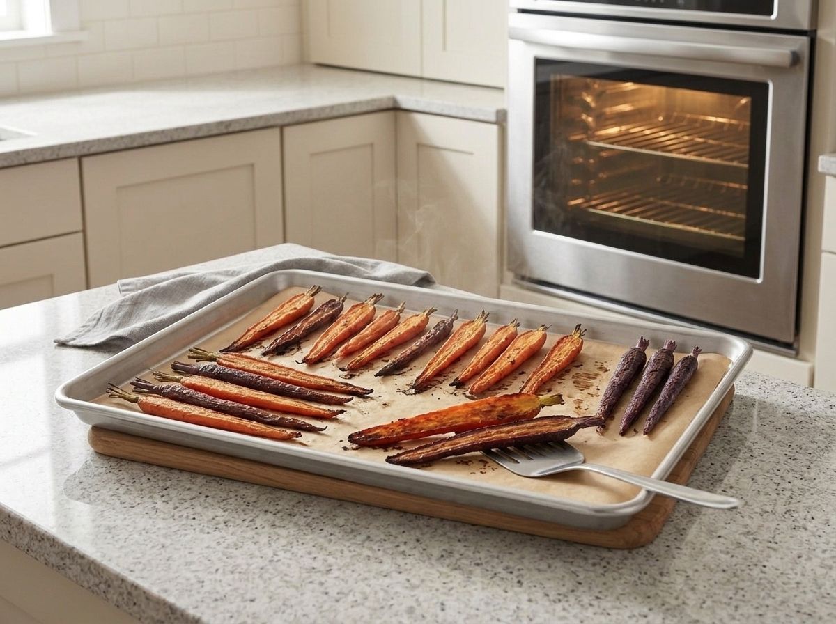 Roasted rainbow carrots out of the oven, matte and browned, two flipped to show their caramelized undersides