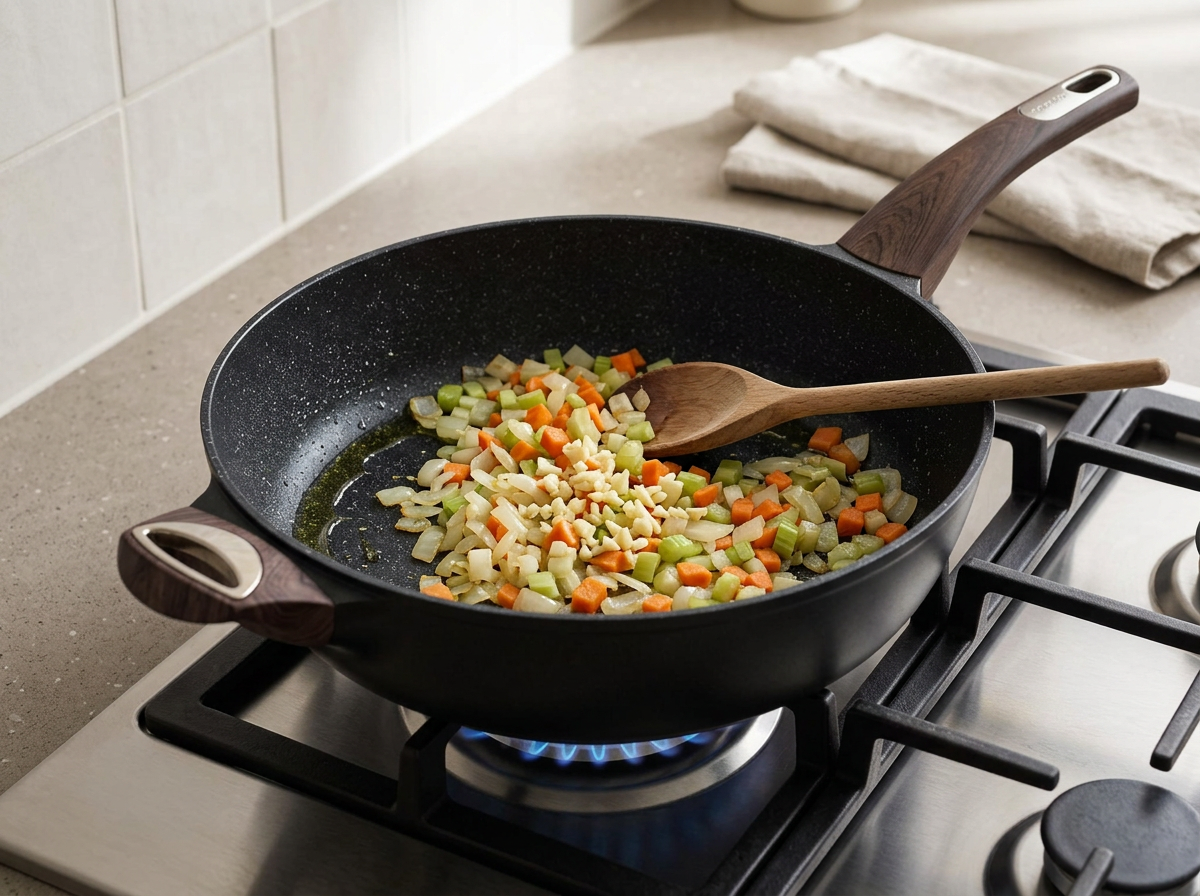 Chopped onion, carrot and celery softening in olive oil in a black skillet over a gas flame, with minced garlic just added on top