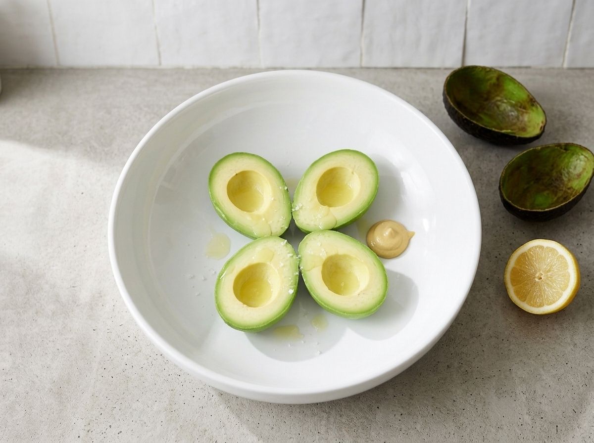 Scooped halves of ripe avocado in a mixing bowl with lemon juice, a dollop of Dijon and a pinch of salt added straight away