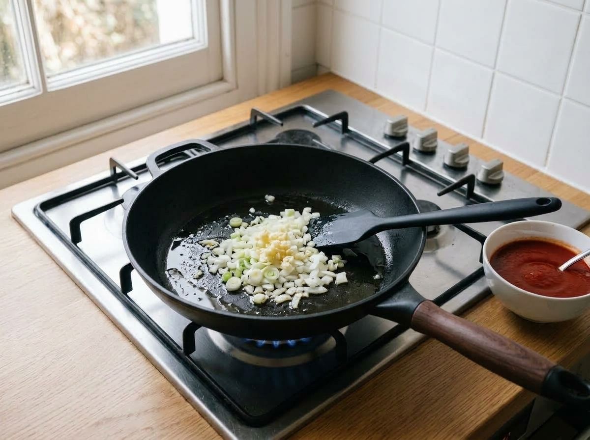 Diced onion and scallion whites softening in oil in a large skillet, with the garlic just added.