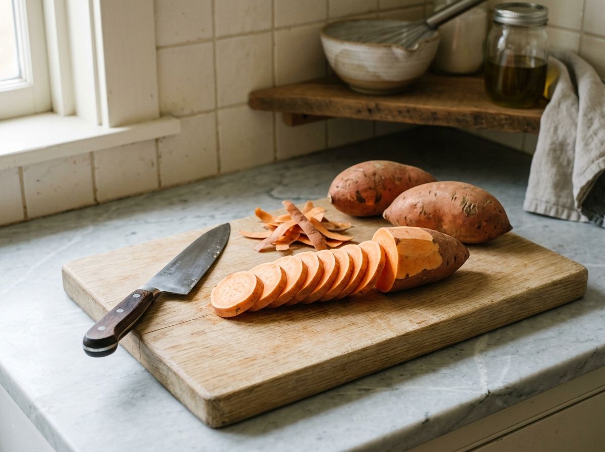 Peeled sweet potato sliced into even quarter-inch rounds on a wooden board