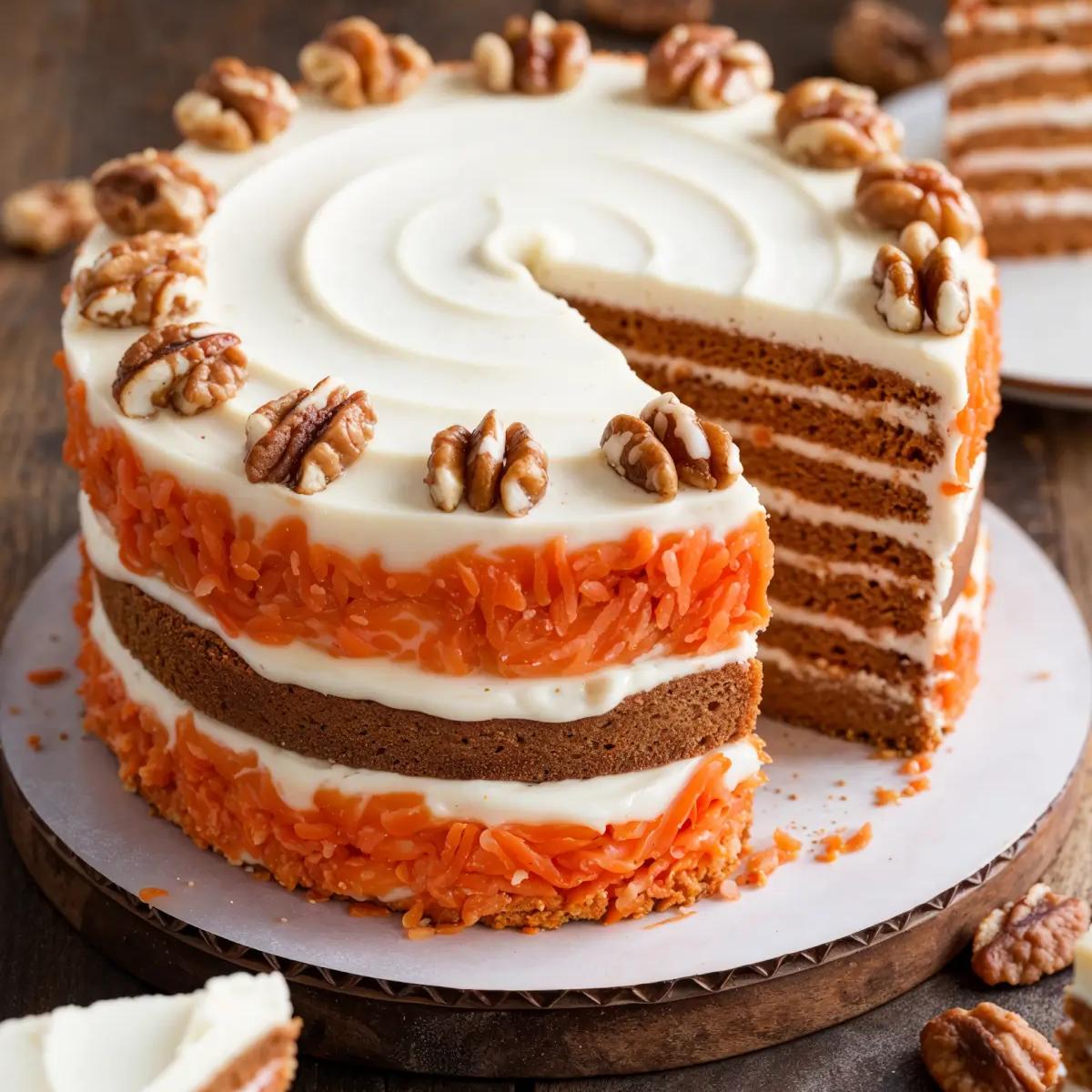 Slice of vegan carrot cake with creamy vegan frosting and walnuts on top.