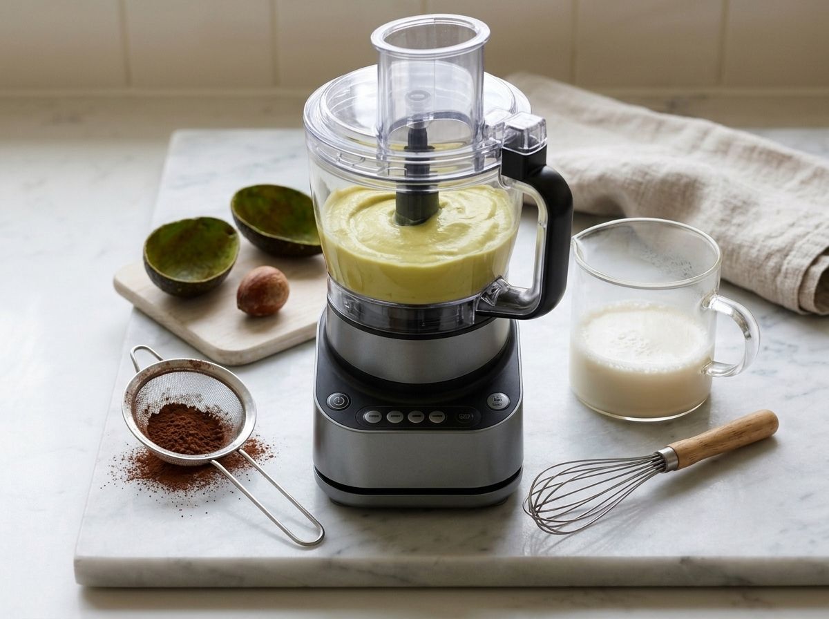 Avocado blended on its own in a food processor to a completely smooth pale green purée, empty skins beside it