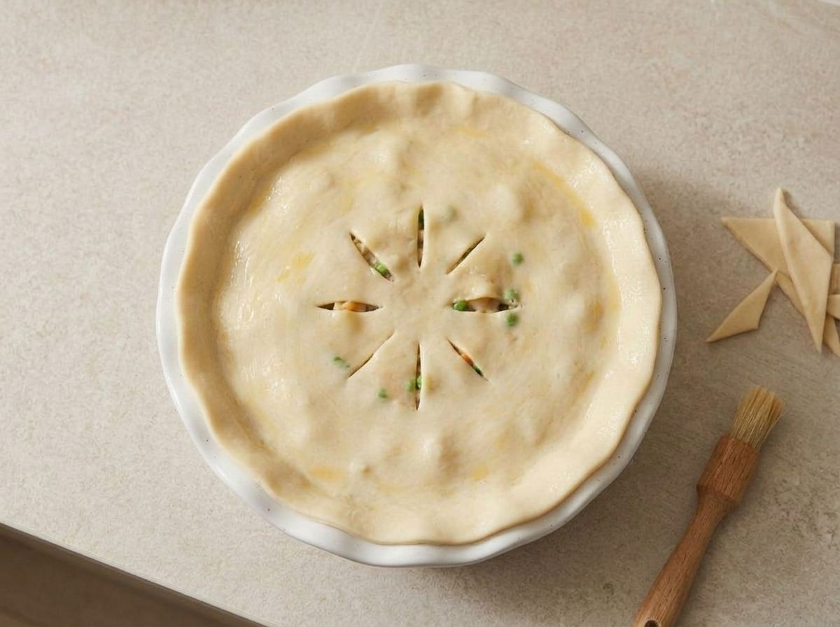 Raw pastry laid over the filled pie dish and pressed onto the fluted rim, slits cut in the middle