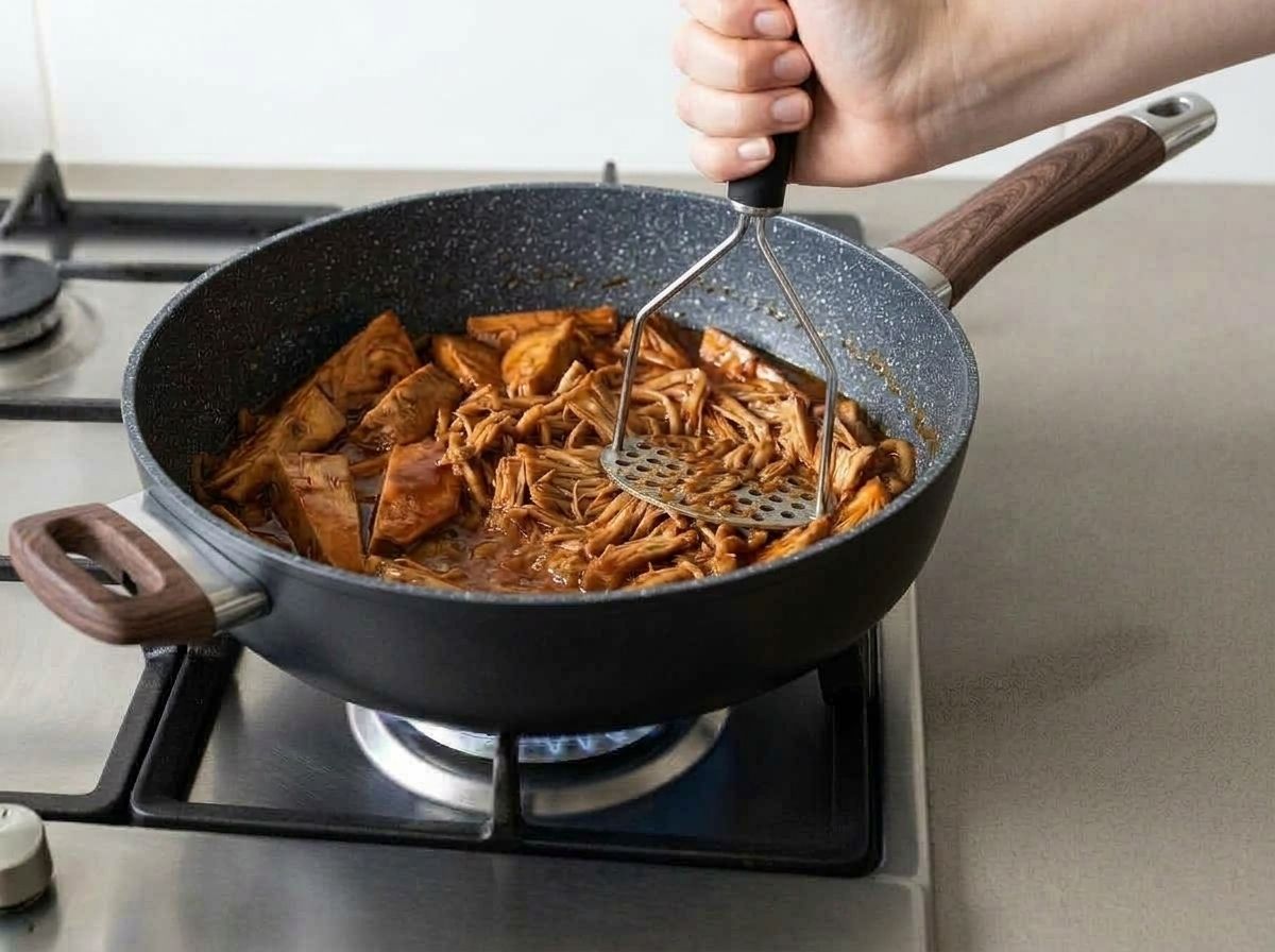 Braised jackfruit being shredded into strands in BBQ sauce with a potato masher