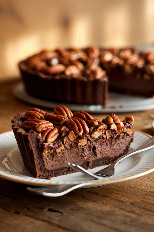 Rich brownie pecan pie with caramelized pecan topping, on rustic wooden surface.