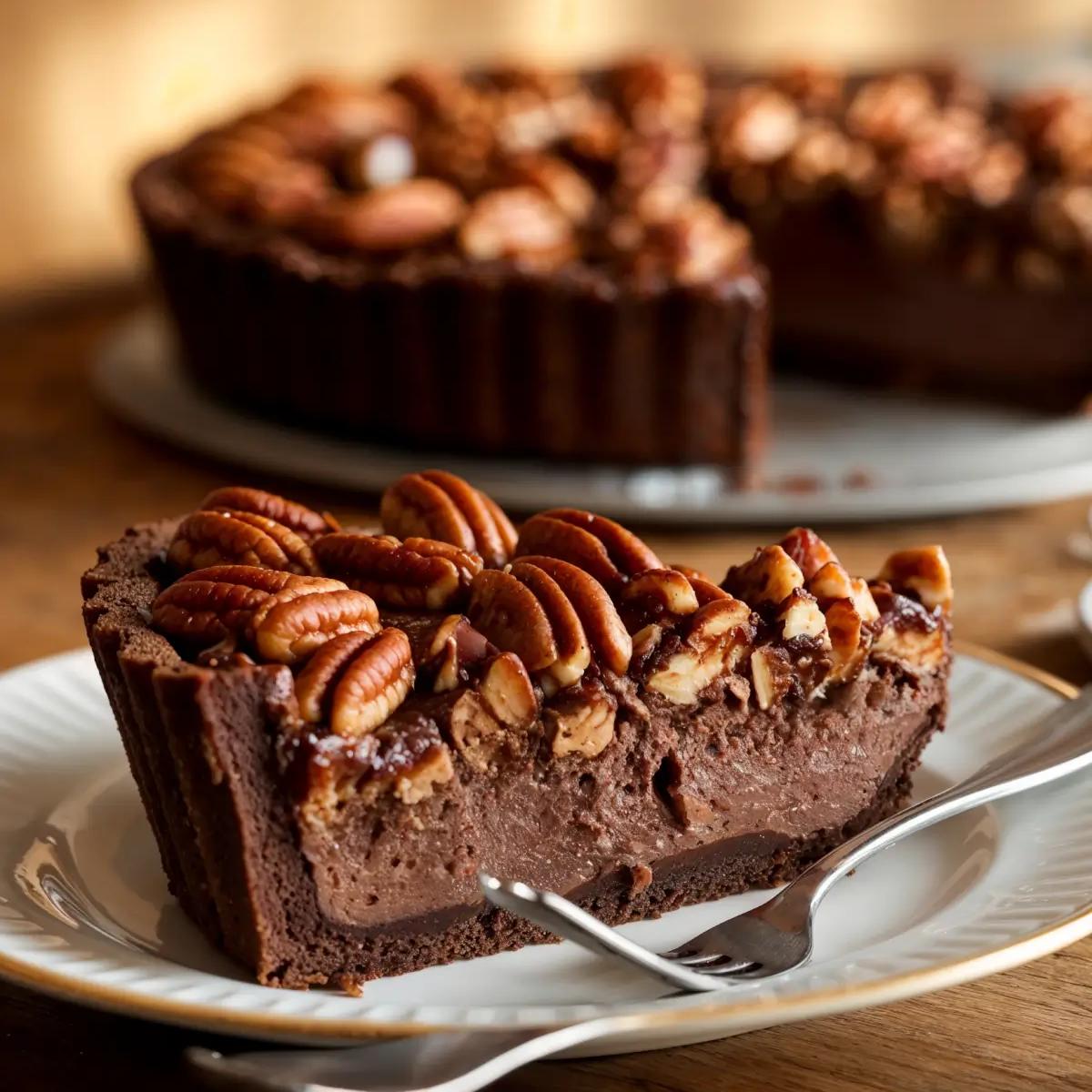 Rich brownie pecan pie with caramelized pecan topping, on rustic wooden surface.
