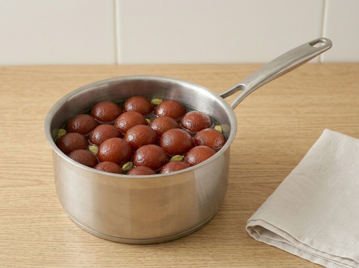 Twenty deep reddish brown jamuns swelling as they soak in thin cardamom syrup in the saucepan