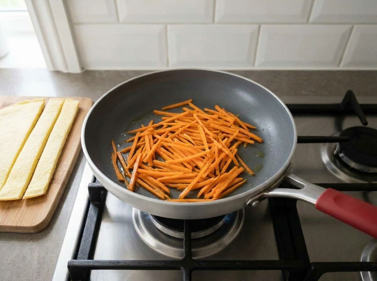 Carrot matchsticks softening in the skillet with a pinch of salt, the cooled egg sheet cut into strips on the board beside.