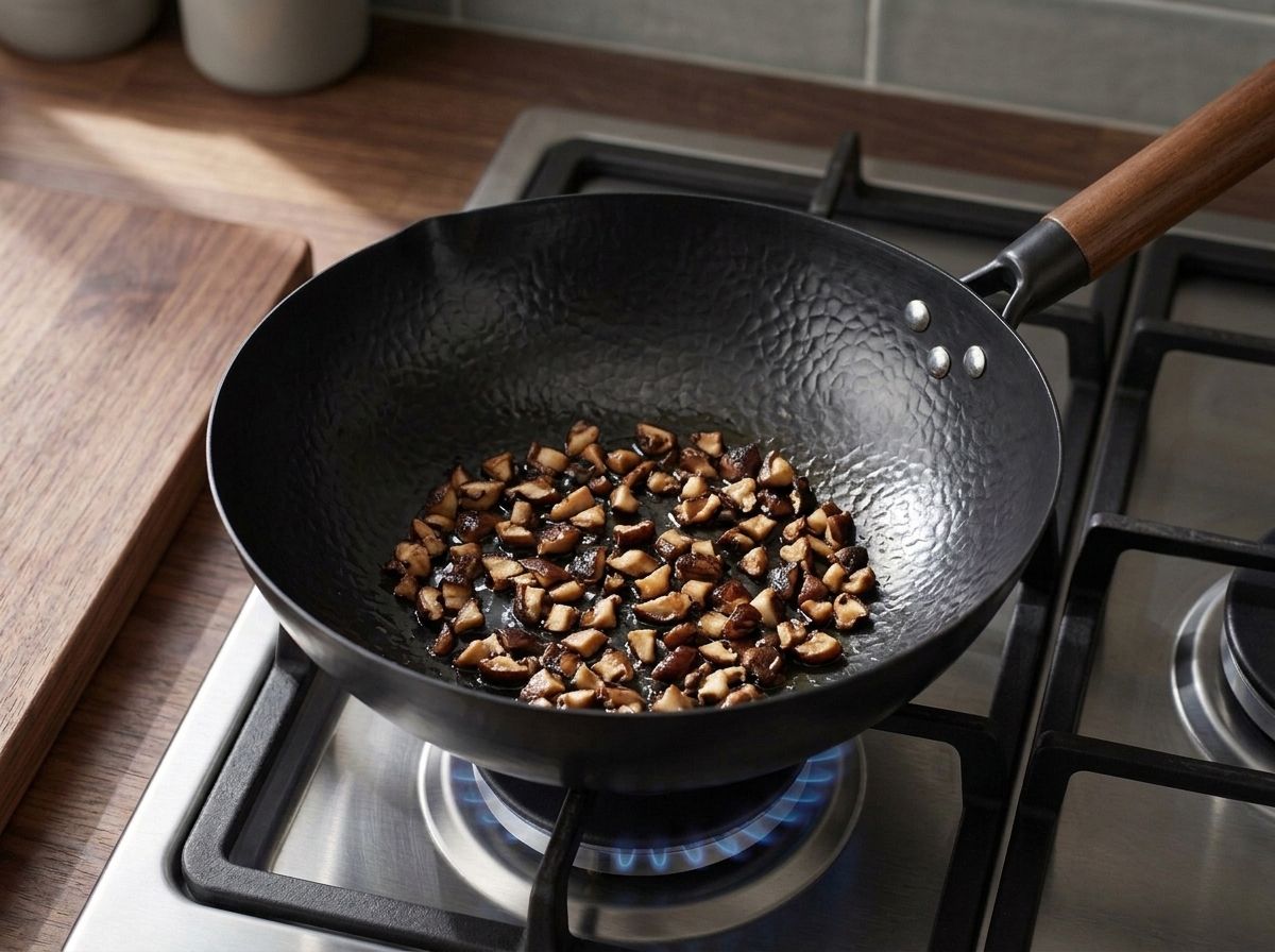 Finely chopped shiitake mushroom browning in a thin layer in a hot carbon steel wok.