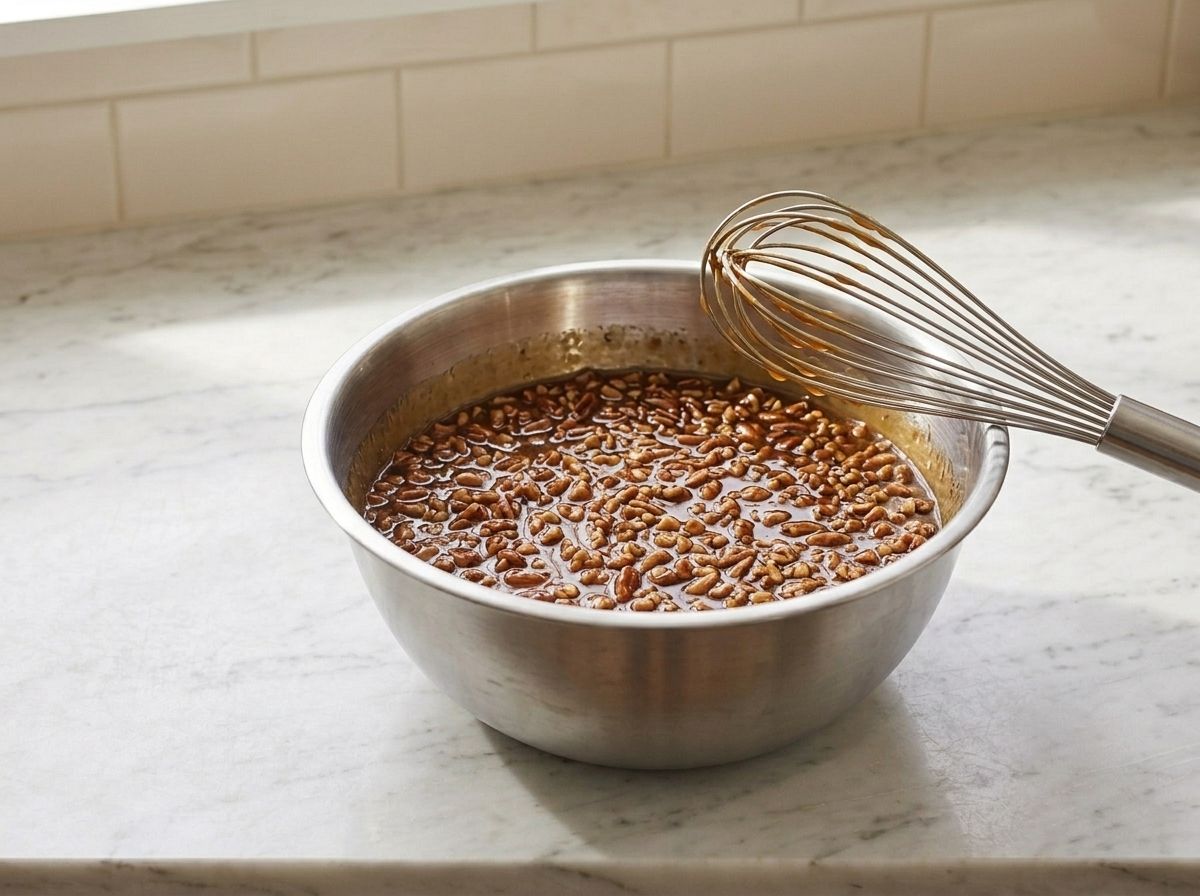 Dark amber filling whisked smooth in a steel bowl with the toasted chopped pecans stirred through