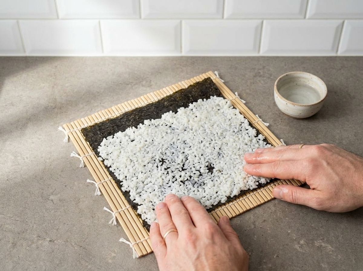 A sheet of seaweed on the bamboo mat, shiny side down, with a thin layer of rice pressed over it and a bare strip left at the far edge.