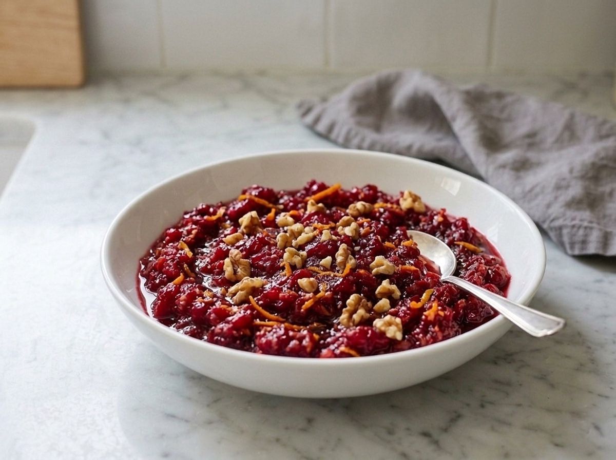 Chopped toasted walnuts stirred through the chilled relish in a serving bowl just before it goes to the table
