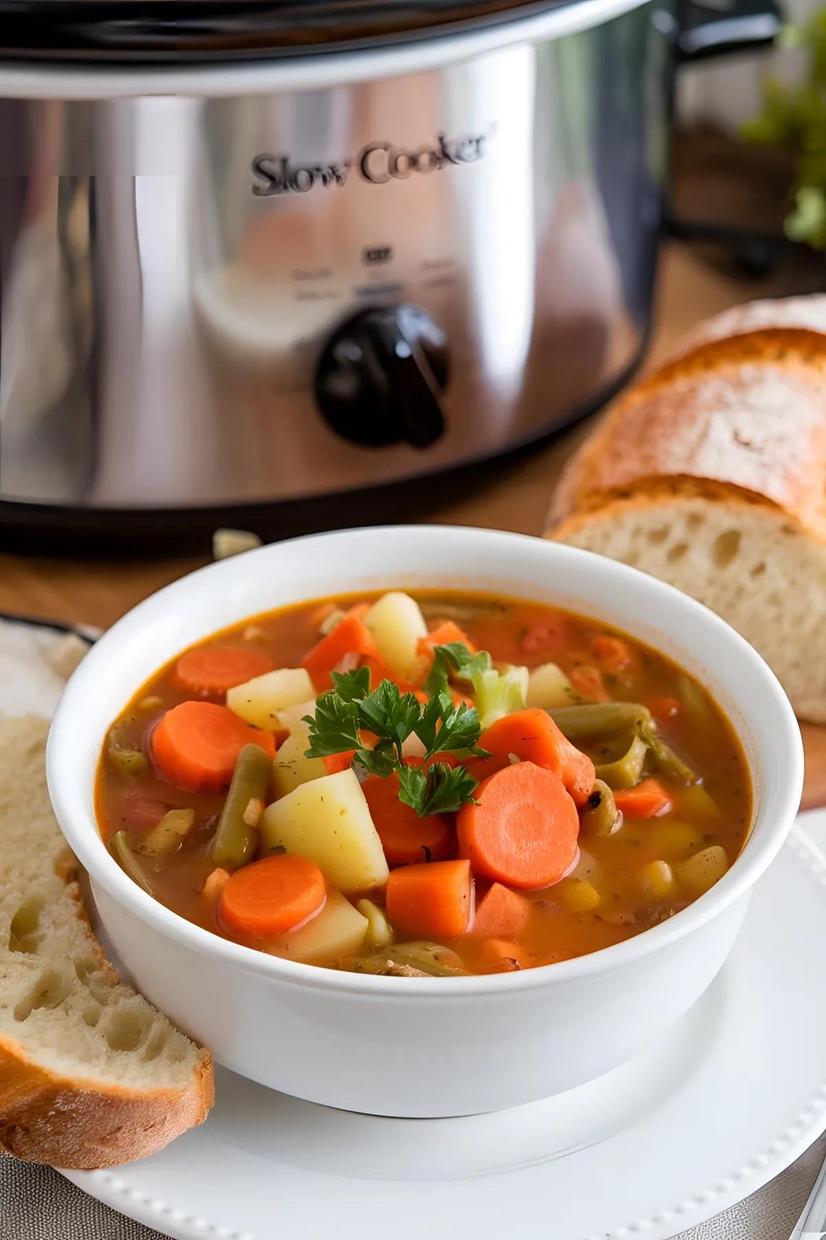 A bowl of vegetable crock pot soup with carrots, potatoes, green beans, garnished with parsley, alongside crusty bread.