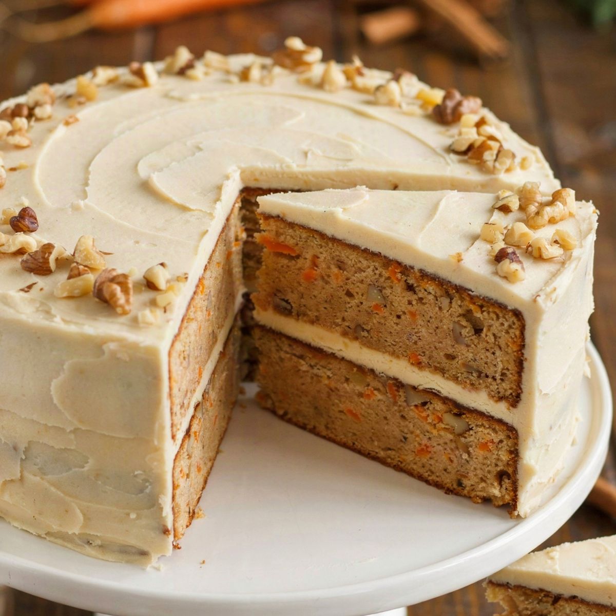 A two-layer vegan carrot cake on a white cake stand, covered in ivory cream cheese frosting with chopped walnuts around the top edge and one wedge cut to show the tan crumb flecked with carrot.