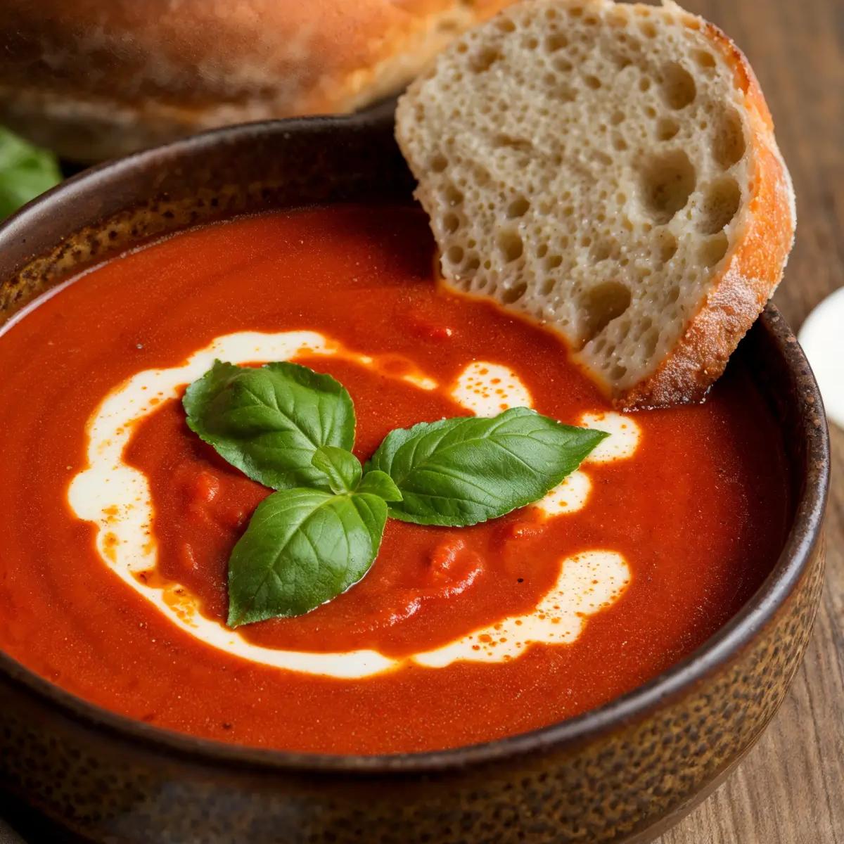A bowl of creamy vegan tomato soup garnished with basil, served with crusty bread on a wooden table.