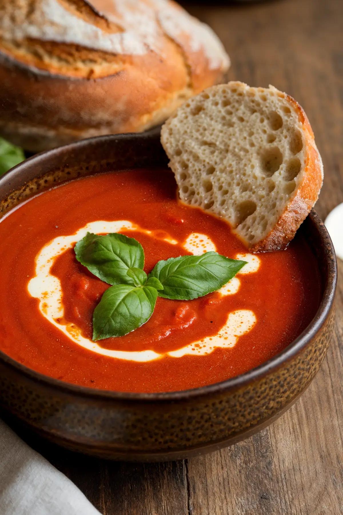 A bowl of creamy vegan tomato soup garnished with basil, served with crusty bread on a wooden table.