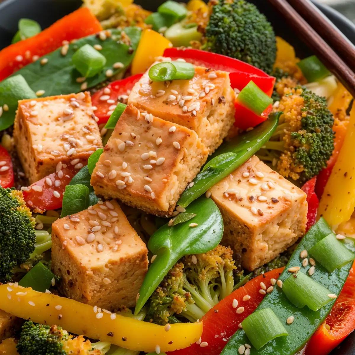 Colorful tofu stir fry with broccoli, bell peppers, and snap peas on rice.
