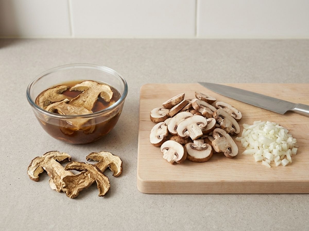 Dried porcini soaking in warm broth beside a board of freshly sliced cremini and chopped onion.