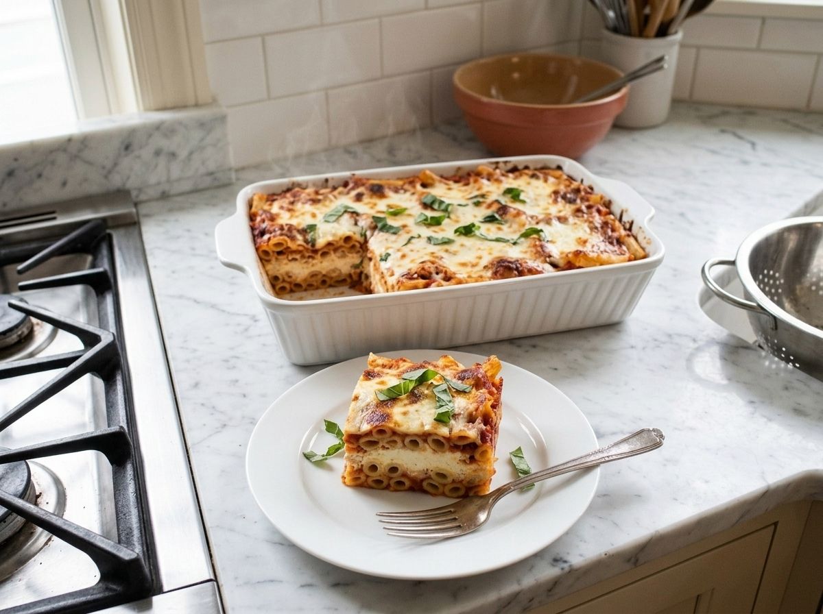 A rested square of baked ziti lifted onto a plate, the ricotta layer running clean through the middle