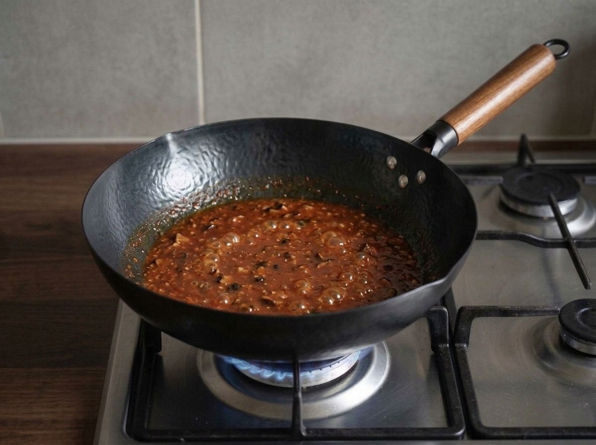 Brick-red sauce simmering in the wok with the browned chopped shiitake stirred back through it.