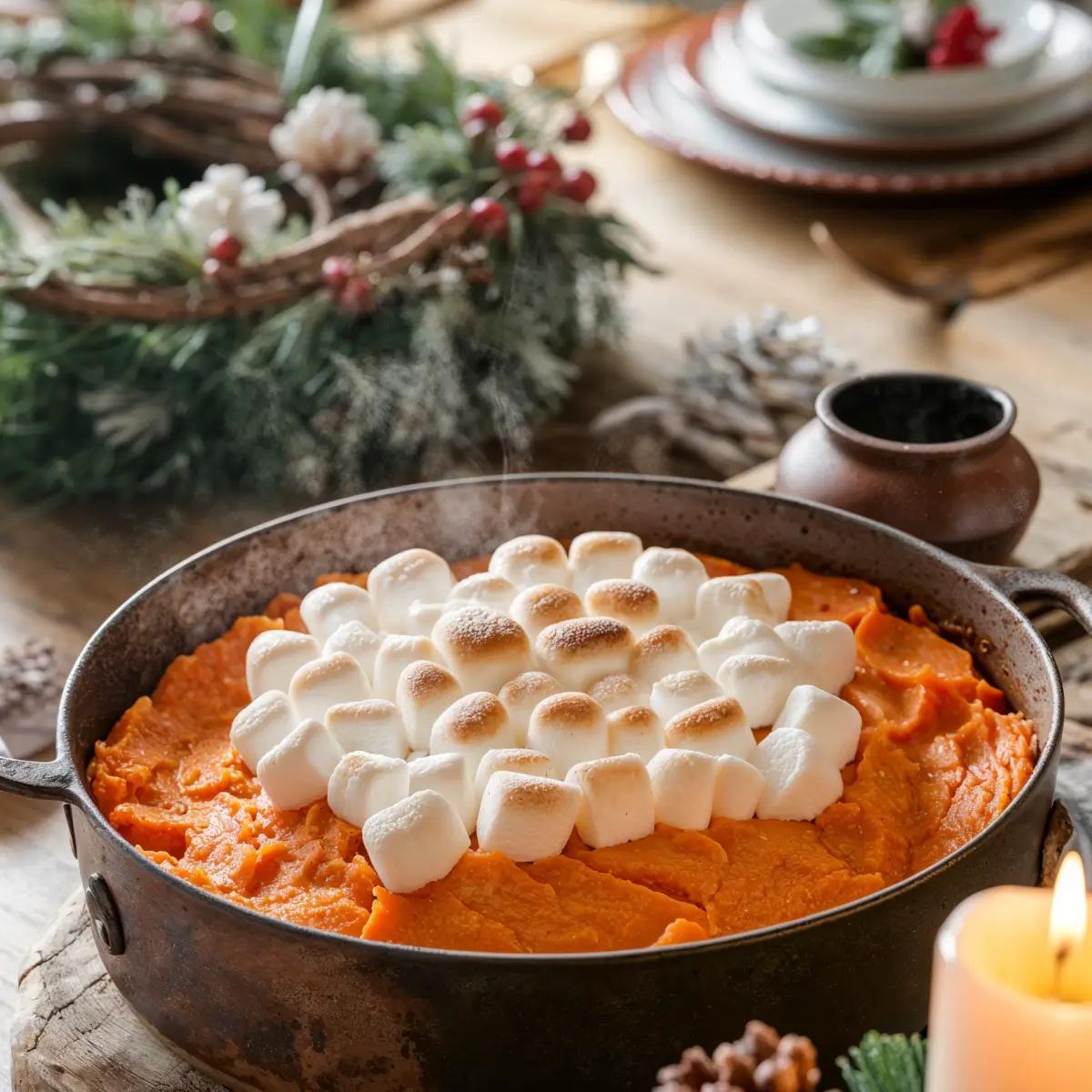 Creamy sweet potato casserole topped with golden-brown marshmallows in a baking dish.